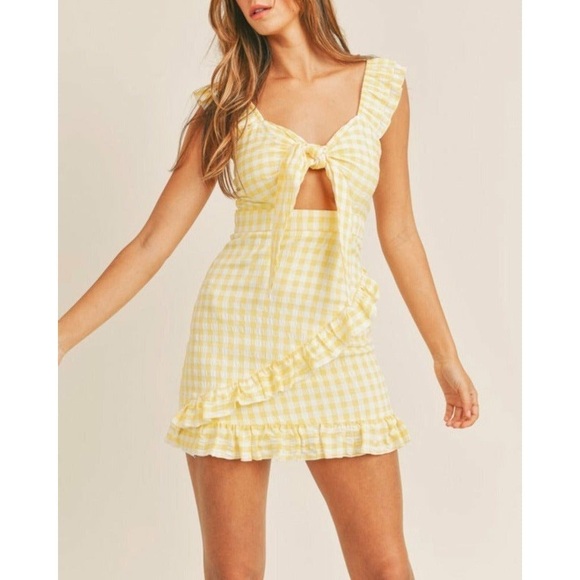 SNDYS The Label Tie Front Yellow Gingham Ruffle Mini Dress Large - Picture 11 of 11